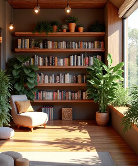 The warm, book-lined interior of Prose & Pose Yoga studio in Brooklyn, with natural wood floors, plants, and a small library of literary works available to practitioners