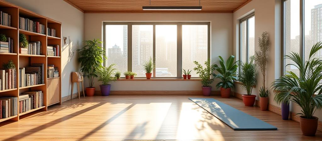 A bright yoga studio with wooden floors, natural light, and bookshelves lining the walls — the signature space of Prose & Pose Yoga in Brooklyn
